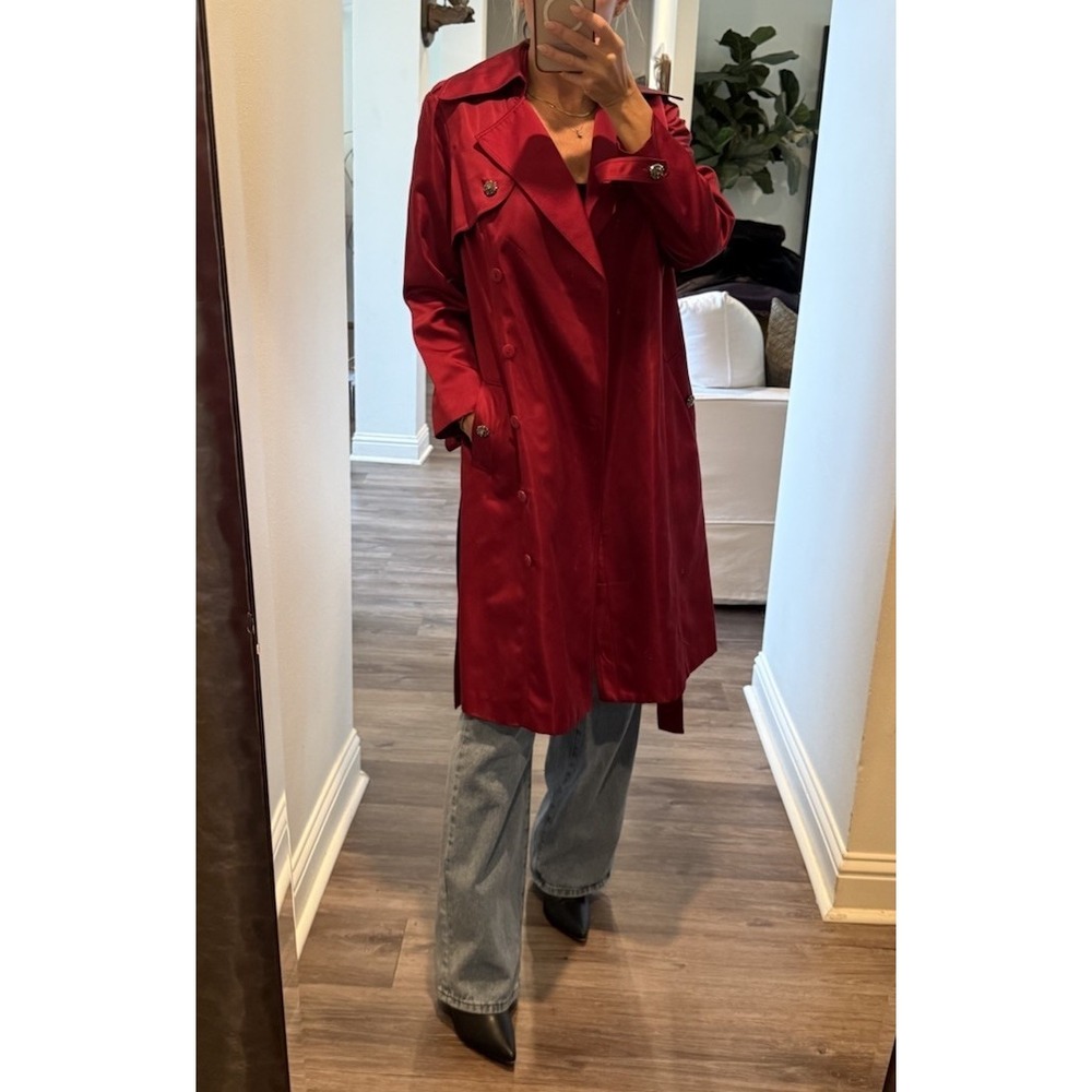 Rickie Freeman Teri Jon red Silk jacket Waist Tie Trench Coat Rhinestone Button - Picture 2 of 6